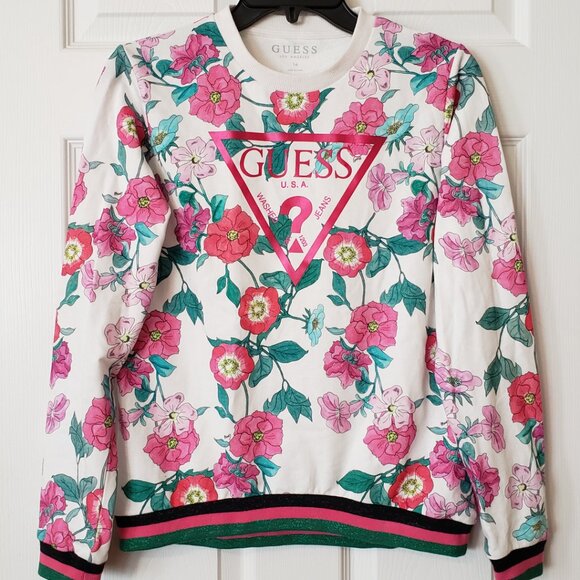 Guess Girls Logo Sweatshirt ~ Floral Pink ~ Size 12/14 years ~ EUC ~ - Picture 2 of 5